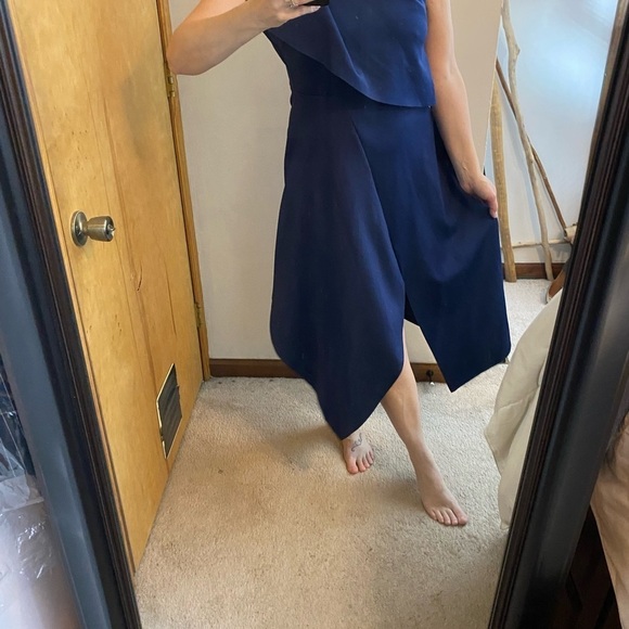 Topshop Ruffle One Shoulder Asymmetrical Hem Blue Scuba Dress - Picture 15 of 16